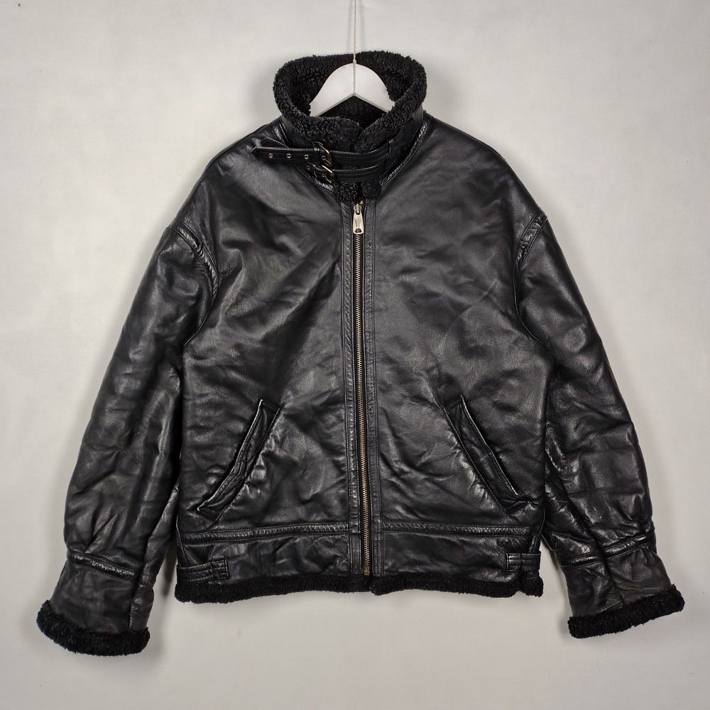Winlit New York Leather Shearling Lined Flight Jacket Black Aviator Bomber 1189